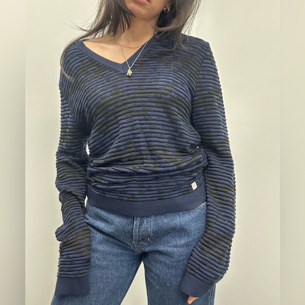 Versace Collection Blue & Black Wool Blend Mesh Knit V-neck Sweater Size M - Picture 2 of 14